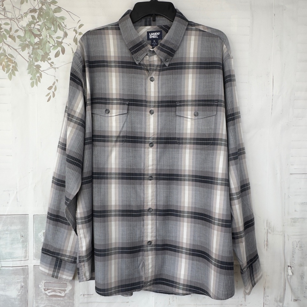 Lands End Traditional Fit Button Up Plaid Gray LS Casual Shirt XL 46 48 Western